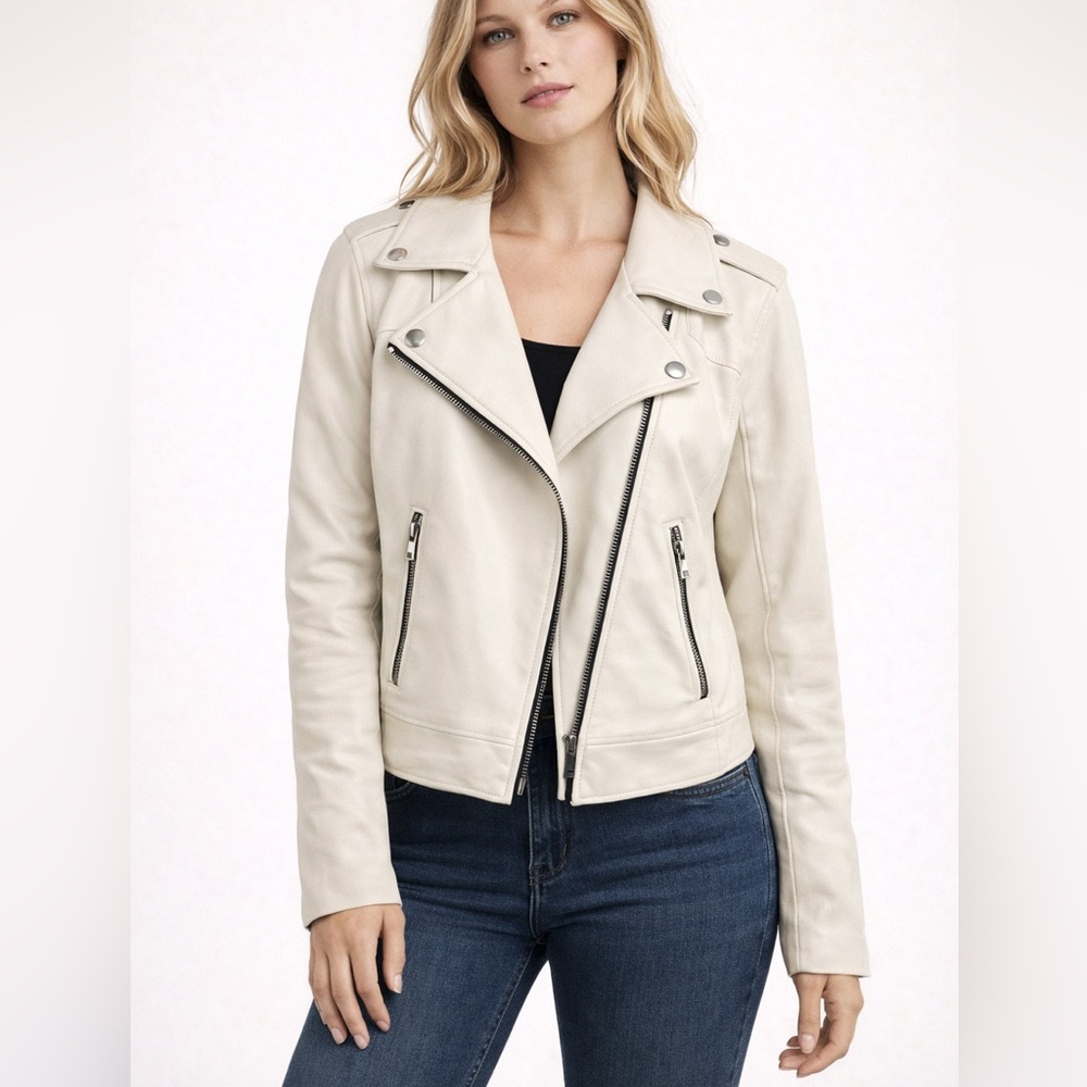 Banana Republic Leather Moto Jacket, White SIZE XS #425039 N0714